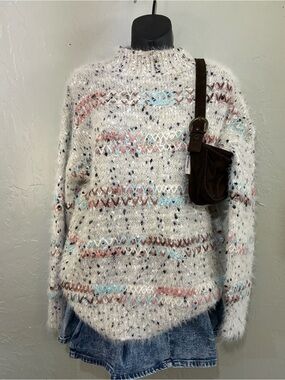 RAGA  Anthropologie Cream Fuzzy Cowlneck Sweater with Pink, Blue & Brown Stripes
